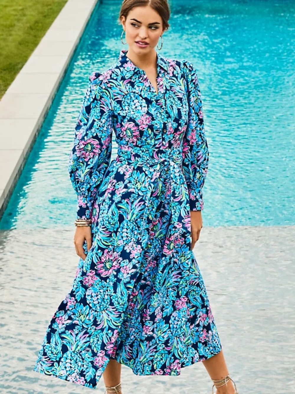 Lilly Pulitzer Mira Stretch Midi Shirt Dress in High Tide Navy, Size 10